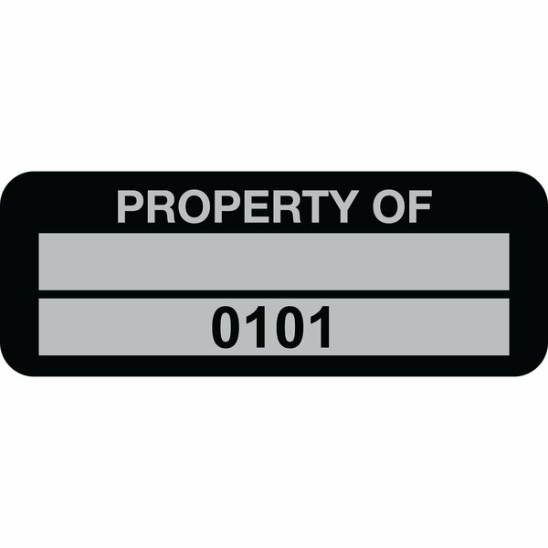 Lustre-Cal Property ID Label PROPERTY OF 5 Alum Black 2in x 0.75in 1 Blank Pad & Serialized 0101-0200, 100PK 253740Ma2K0101